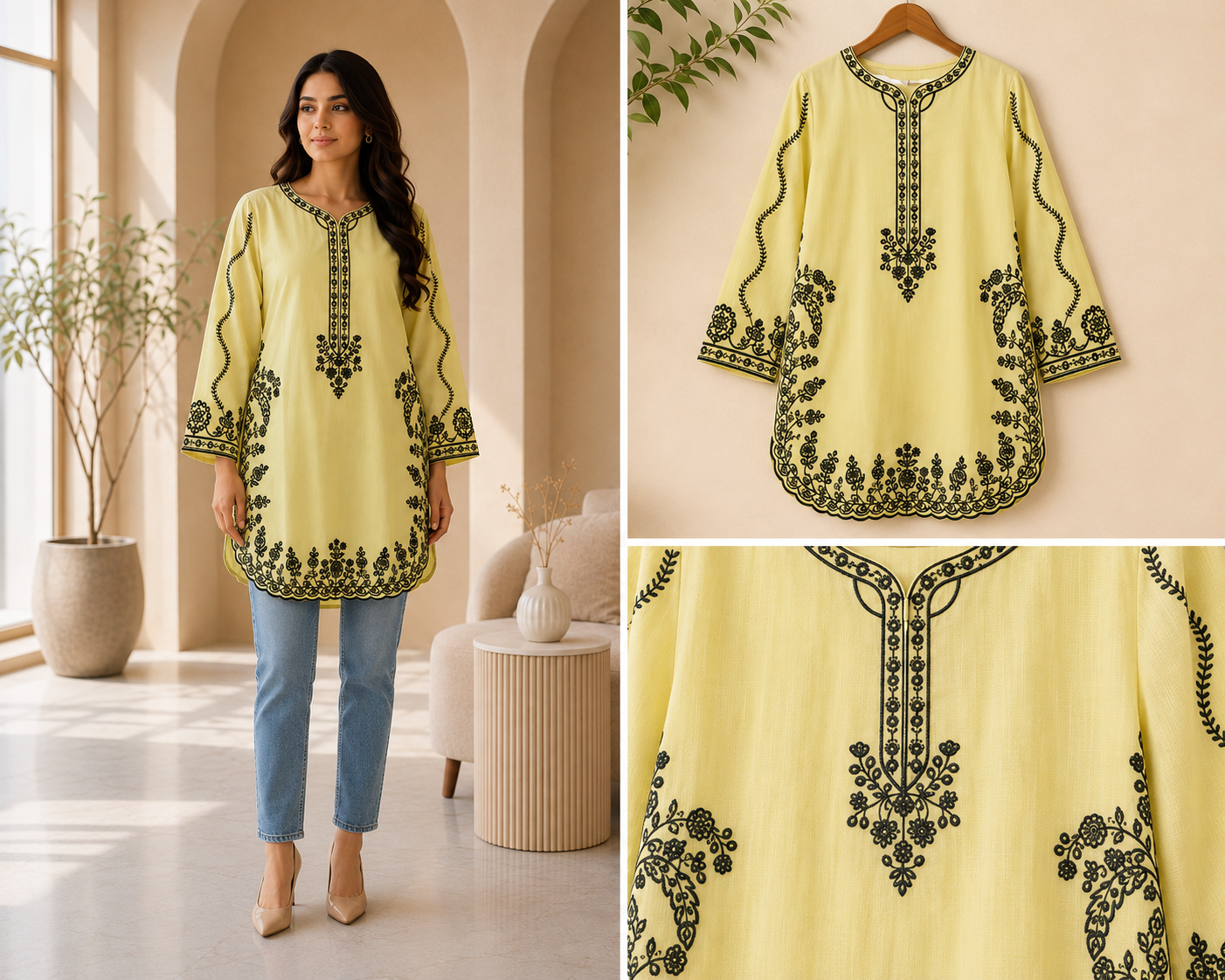Yellow and Black Embroidered Short Kurti