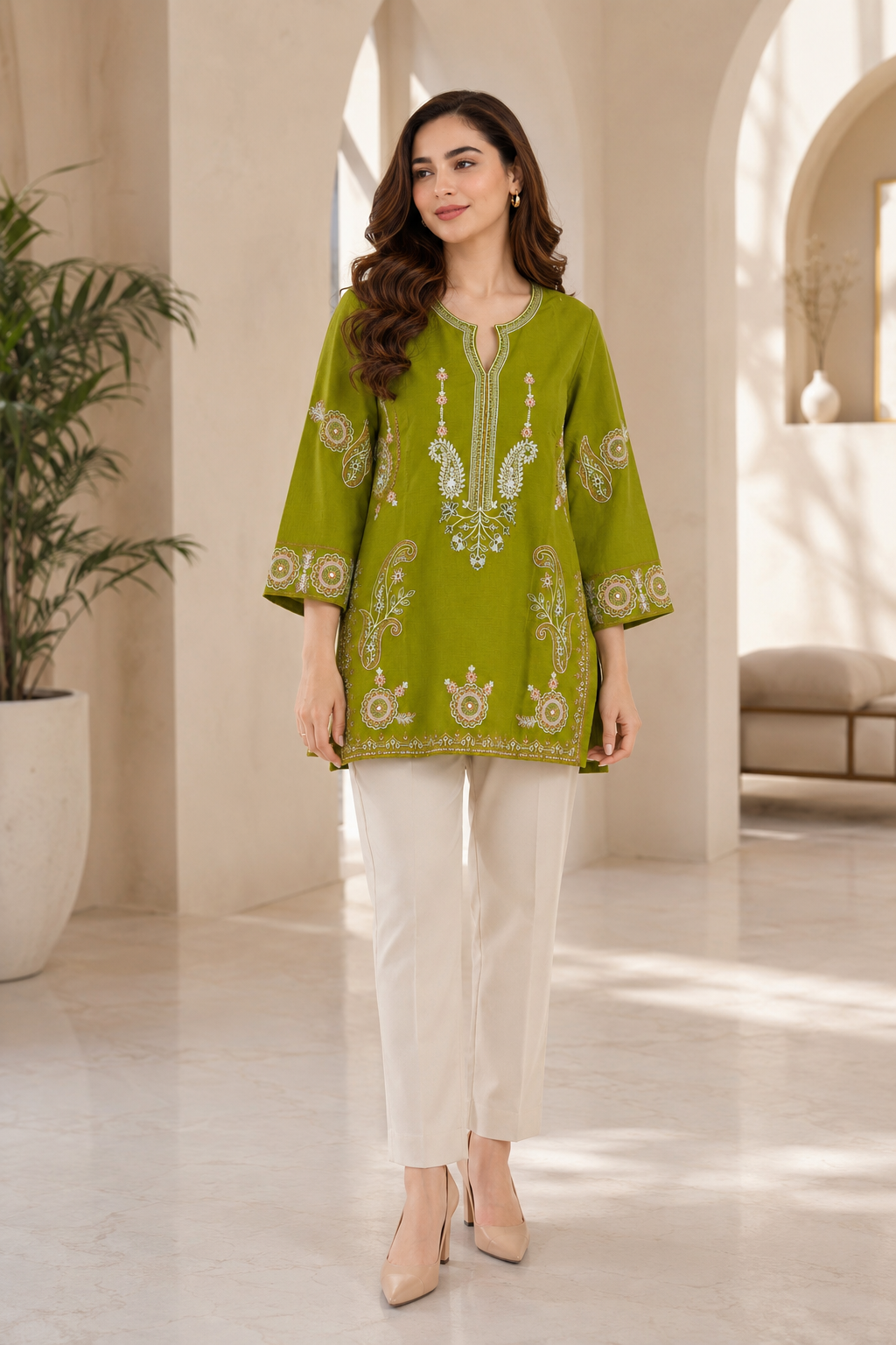 Memona Pink Embroidered Short Kurti