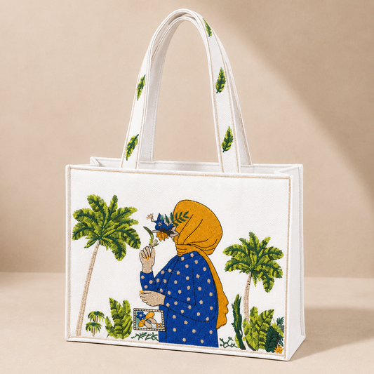 White Aesthetic Embroidered Jute Tote Bag