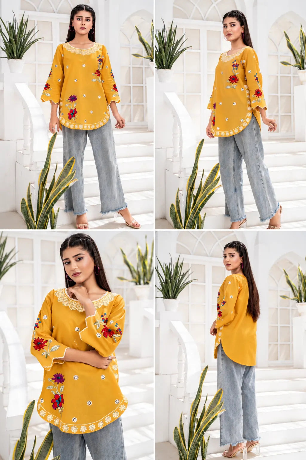 Mustard Floral Embroidered Short Kurti