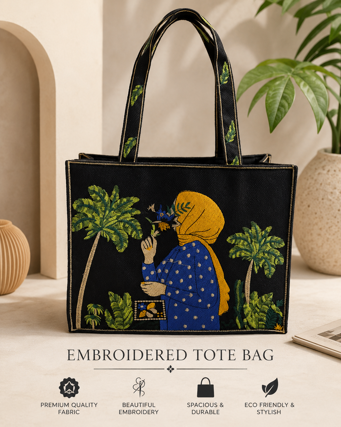 Aqua Blue Aesthetic Embroidered Jute Tote Bag