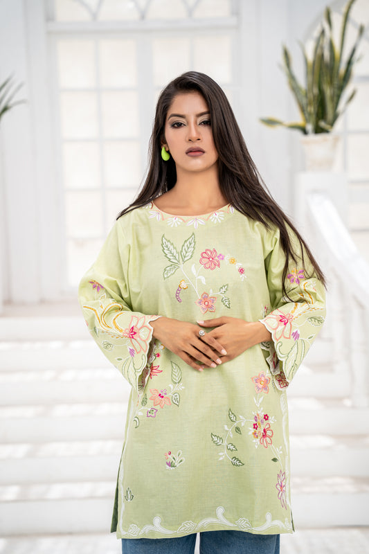 Sage Green Floral Embroidered Short Kurti
