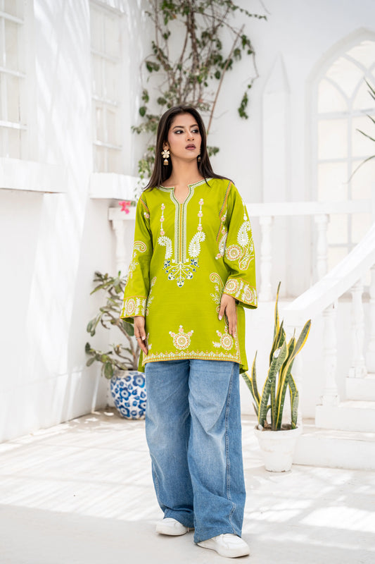 Memona Olive Green Embroidered Short Kurti