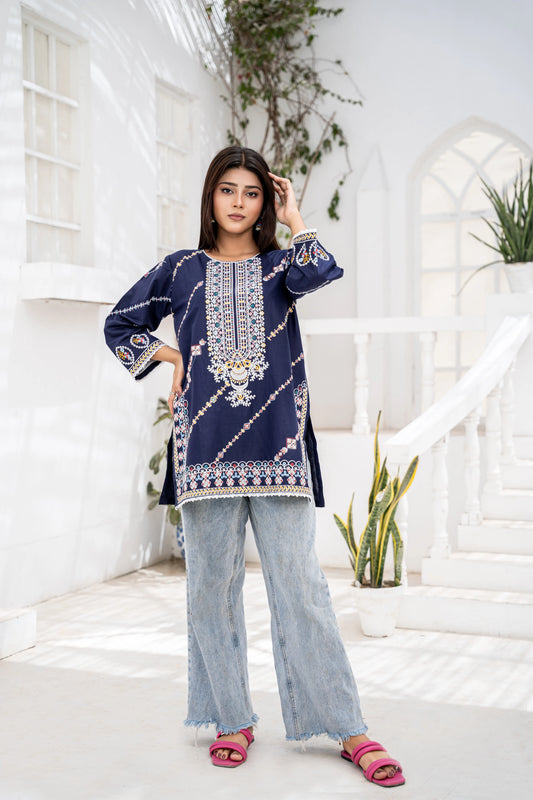 Navy Blue Embroidered Short Kurti