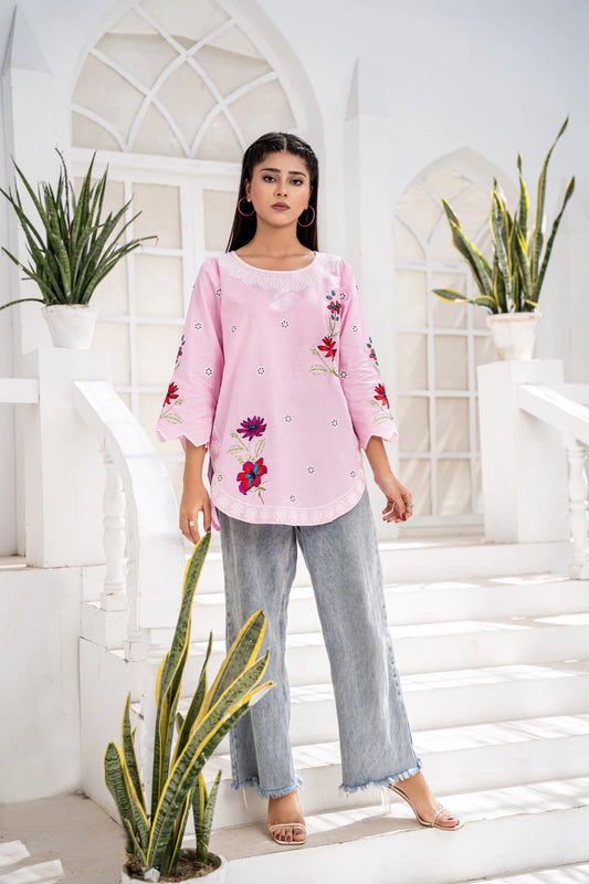 Pink Floral Embroidered Shirt