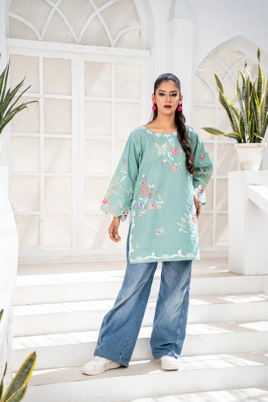 Teal Floral Embroidered Short Kurti