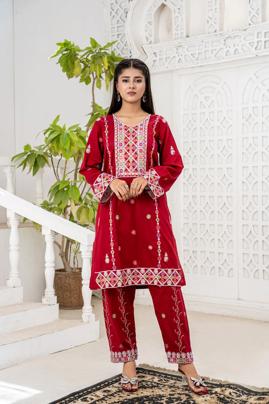 Shifa Red Multi Embroidered 2-Piece Suit