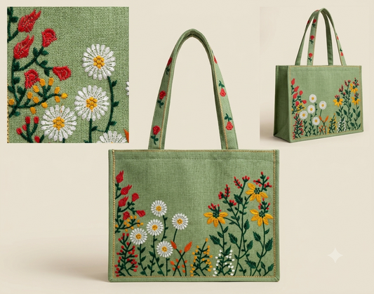 Olive Green Emberiodery Tote Bag