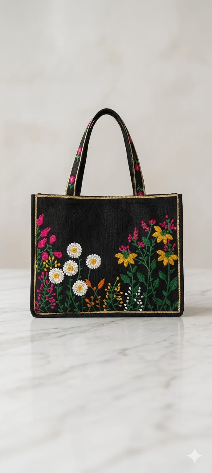 Black Floral Embroidered Tote Bag