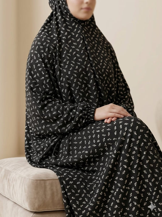 Bahar Leaf Print Prayer Abaya – Black