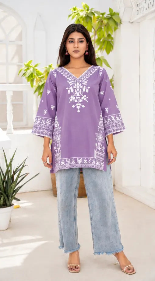 Multi Purple Embroidered Short Kurti