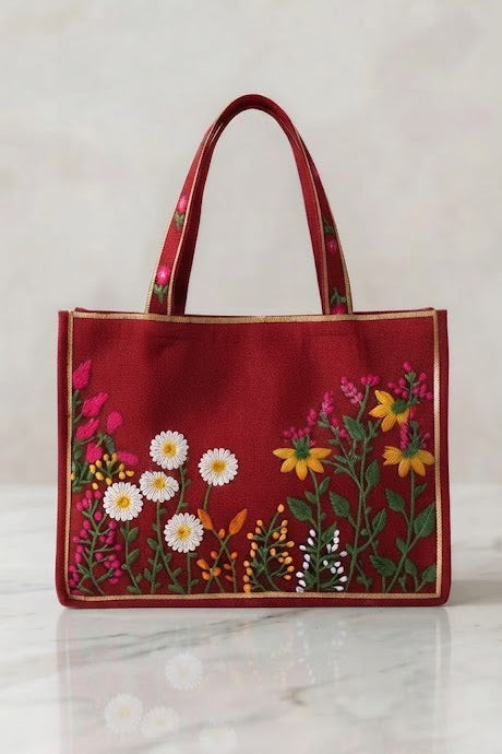Crimson Bloom Embroidered Tote Bag