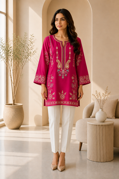 Memona Pink Embroidered Short Kurti