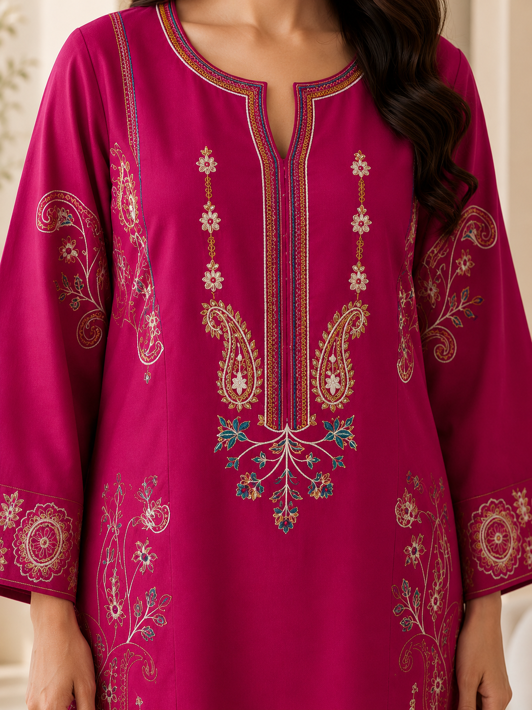 Memona Pink Embroidered Short Kurti
