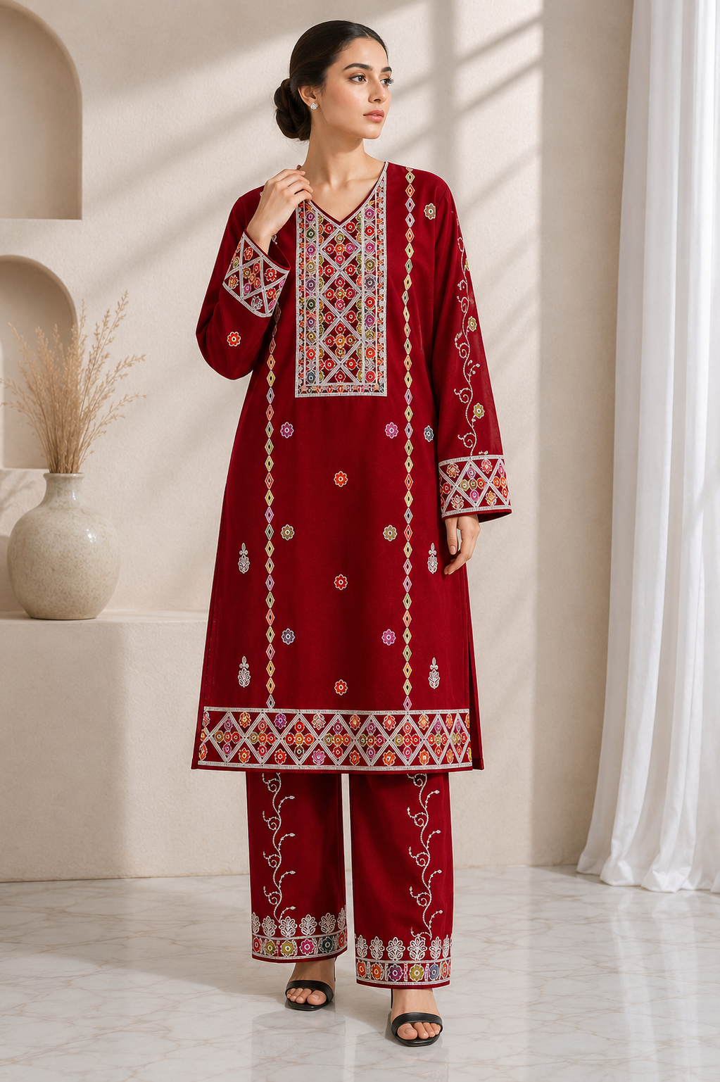 Shifa Red Multi Embroidered 2-Piece Suit