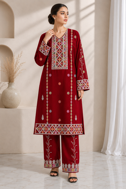 Shifa Red Multi Embroidered 2-Piece Suit