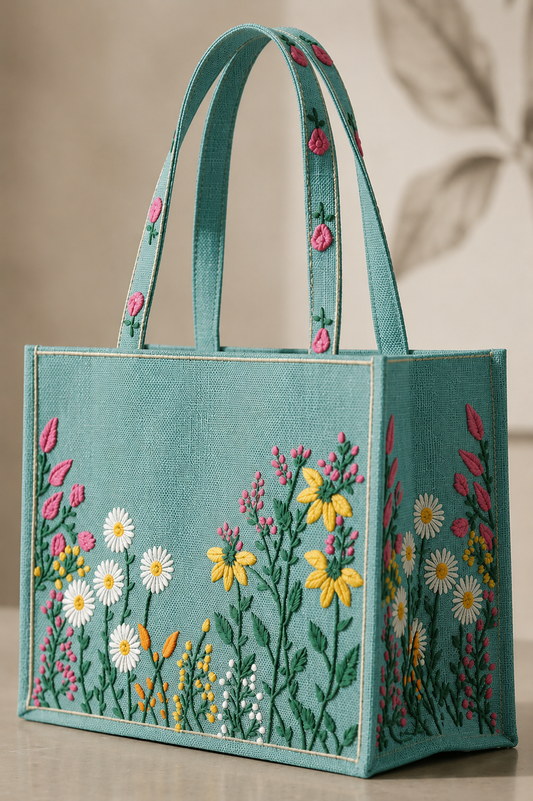 Soft Teal Embroidered Tote Bag