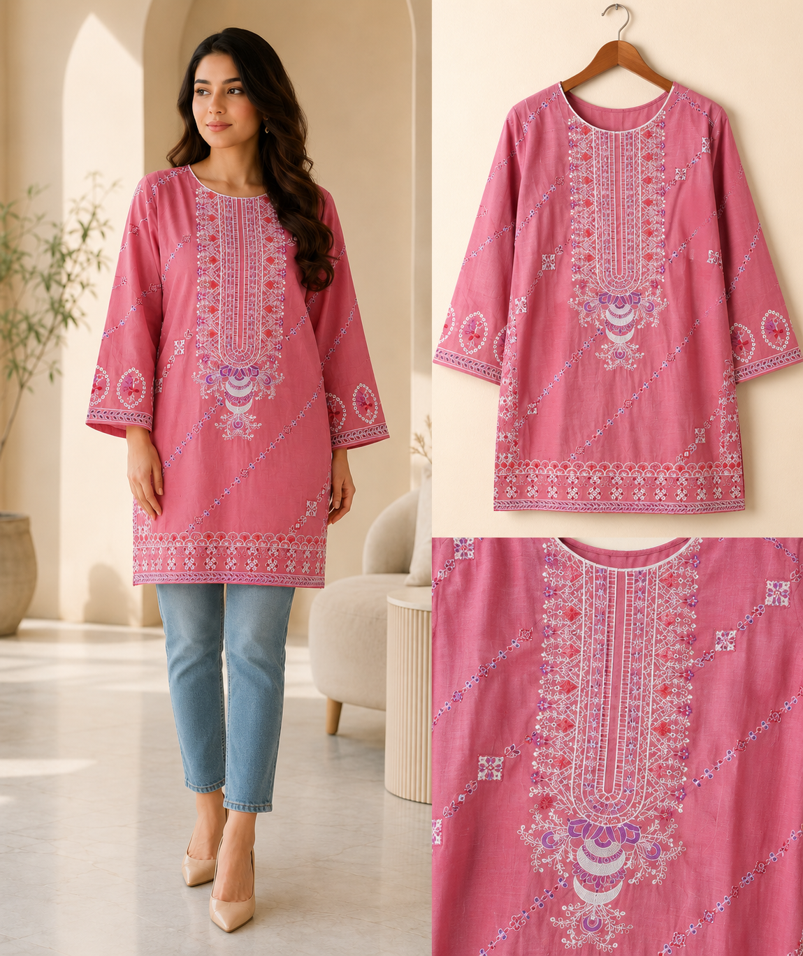 Pink Embroidered Short Kurti
