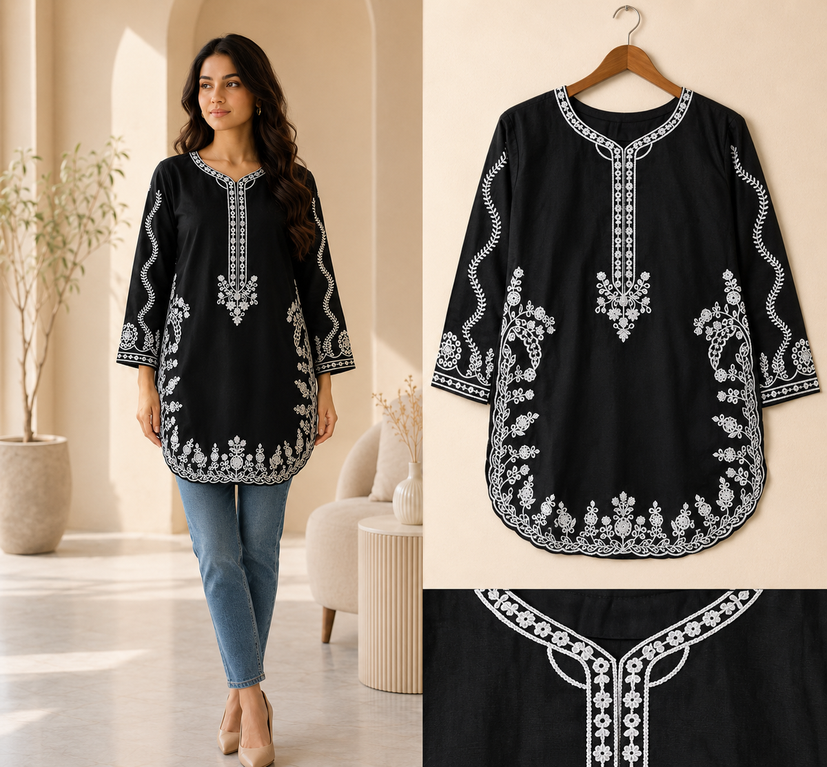 Black and White Embroidered short Kurti