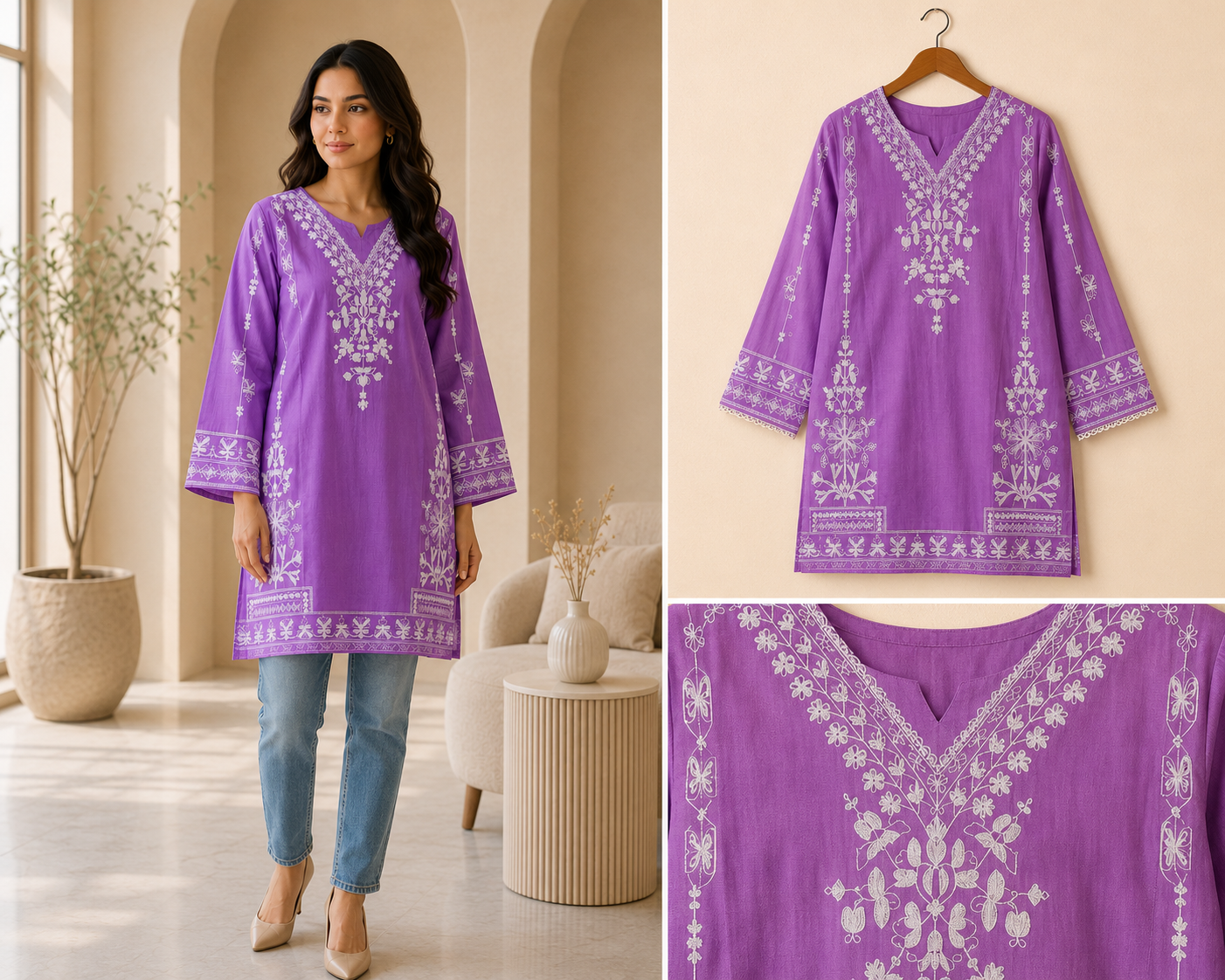 Multi Purple Embroidered Short Kurti