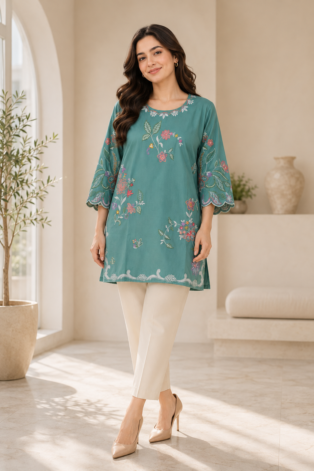 Teal Floral Embroidered Short Kurti