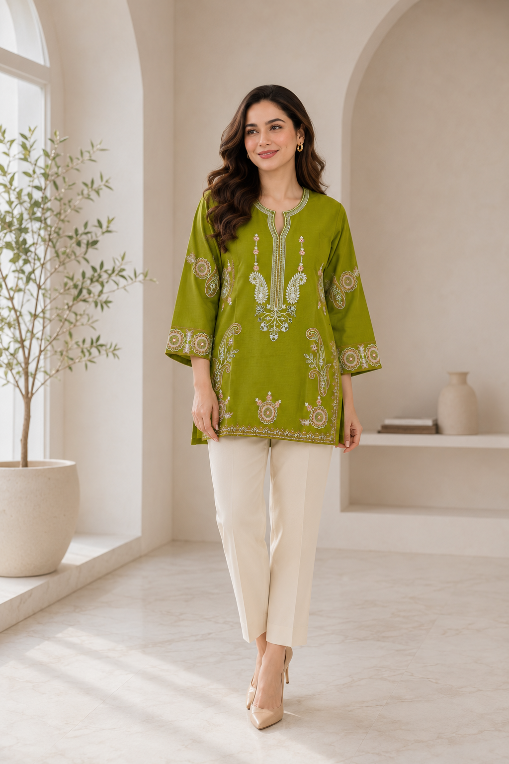 Memona Olive Green Embroidered Short Kurti
