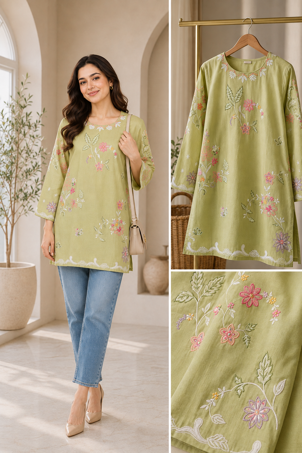 Sage Green Floral Embroidered Short Kurti