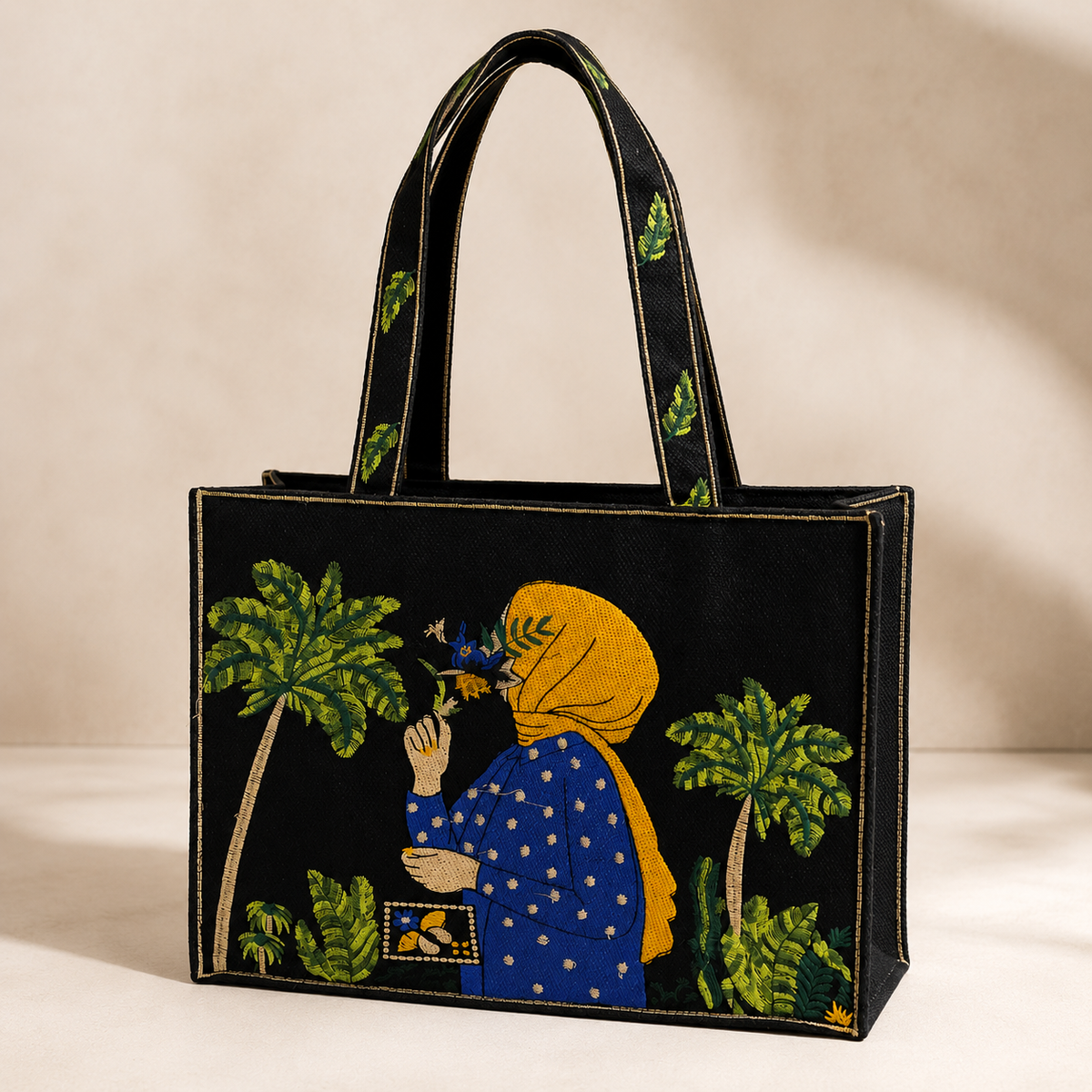 Black Aesthetic Embroidered Jute Tote Bag