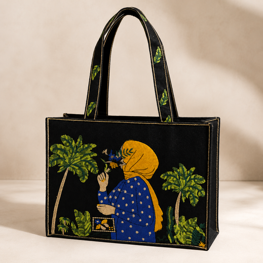 Aqua Blue Aesthetic Embroidered Jute Tote Bag