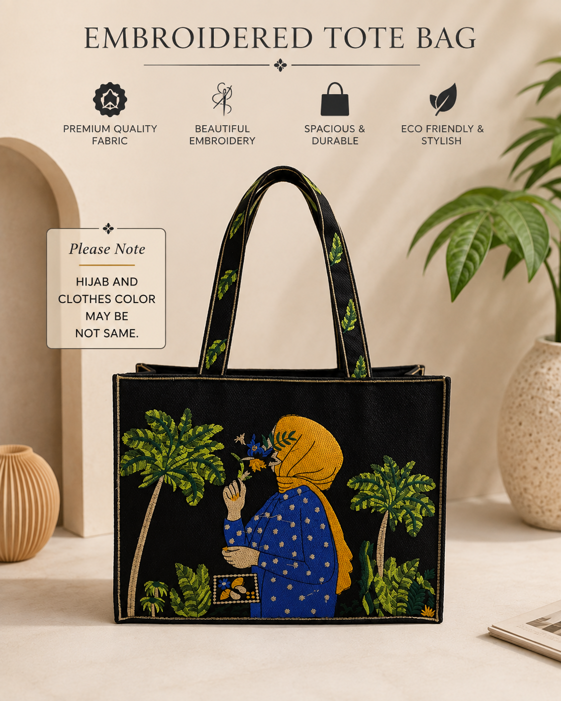 Black Aesthetic Embroidered Jute Tote Bag
