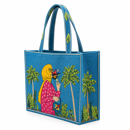 Beige Aesthetic Embroidered Jute Tote Bag