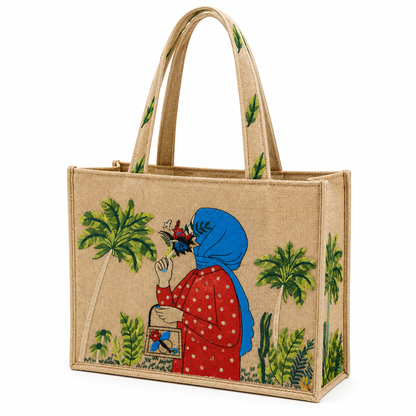 Beige Aesthetic Embroidered Jute Tote Bag