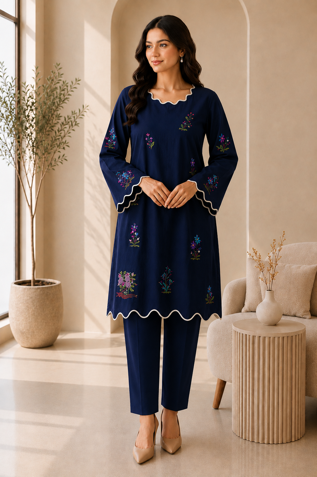 Gulshan Navy Blue Embroidered 2 Piece Suit