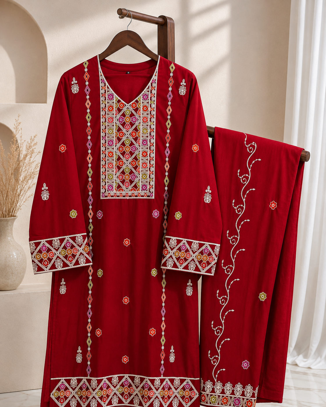 Shifa Red Multi Embroidered 2-Piece Suit