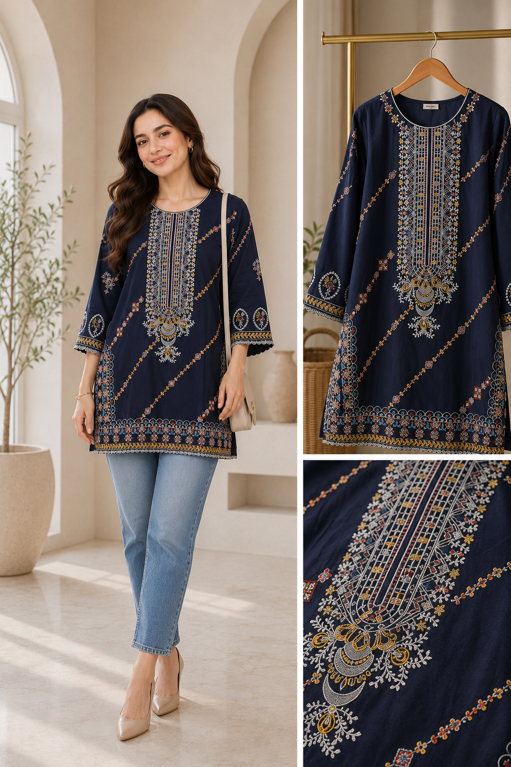 Navy Blue Embroidered Short Kurti