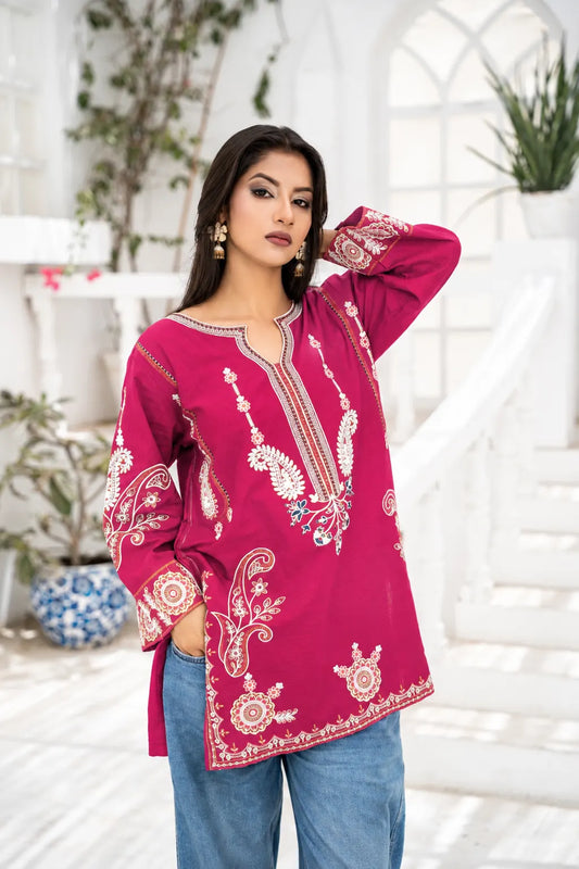 Memona Pink Embroidered Short Kurti