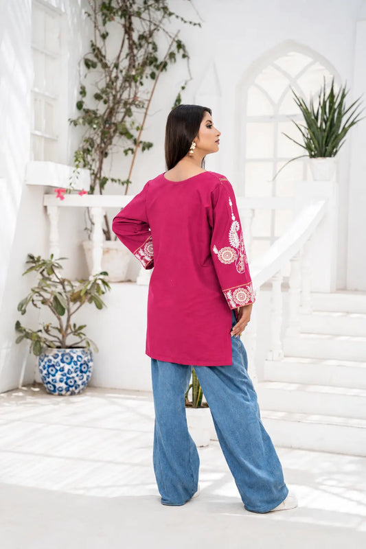 Memona Pink Embroidered Short Kurti