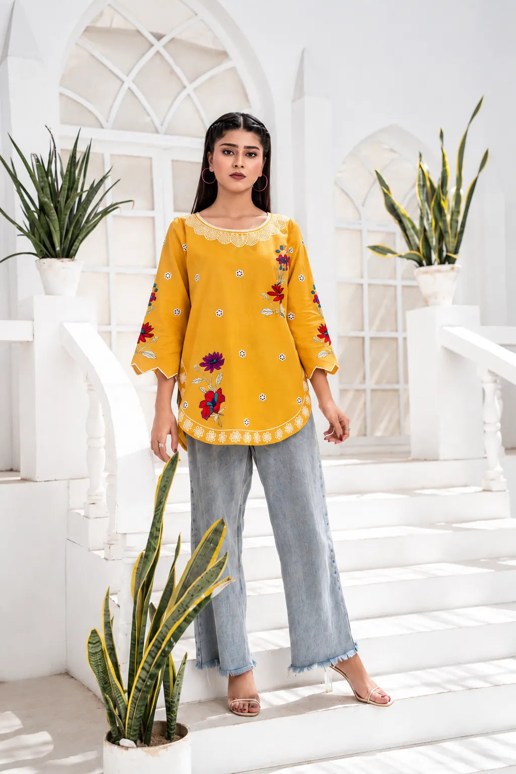Mustard Floral Embroidered Short Kurti