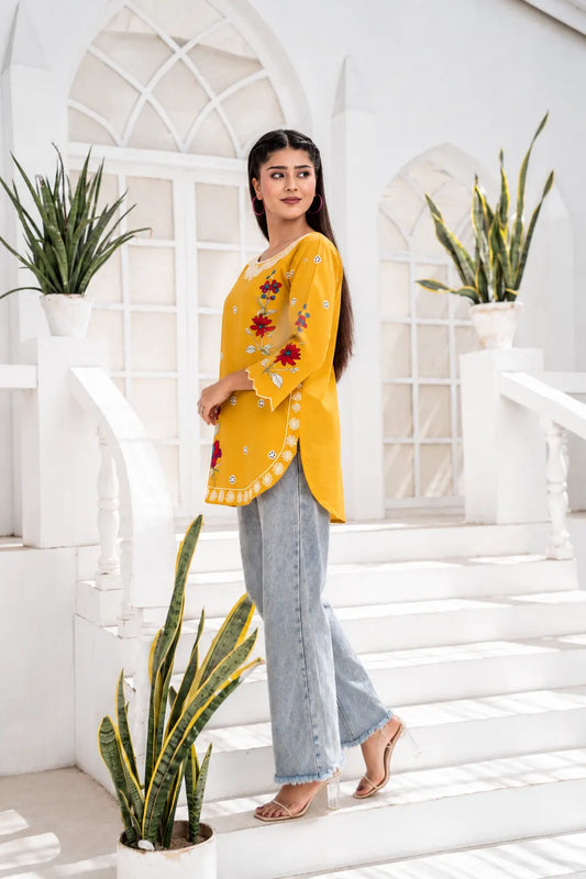 Mustard Floral Embroidered Short Kurti