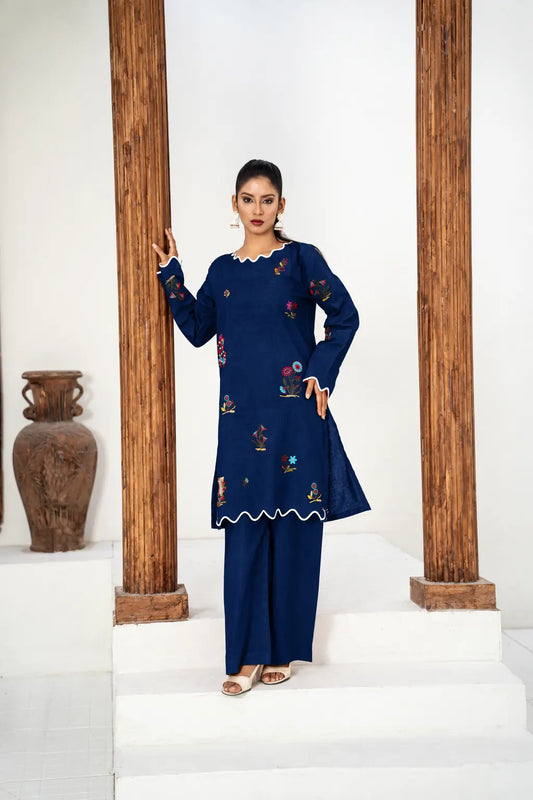 Gulshan Navy Blue Embroidered 2 Piece Suit