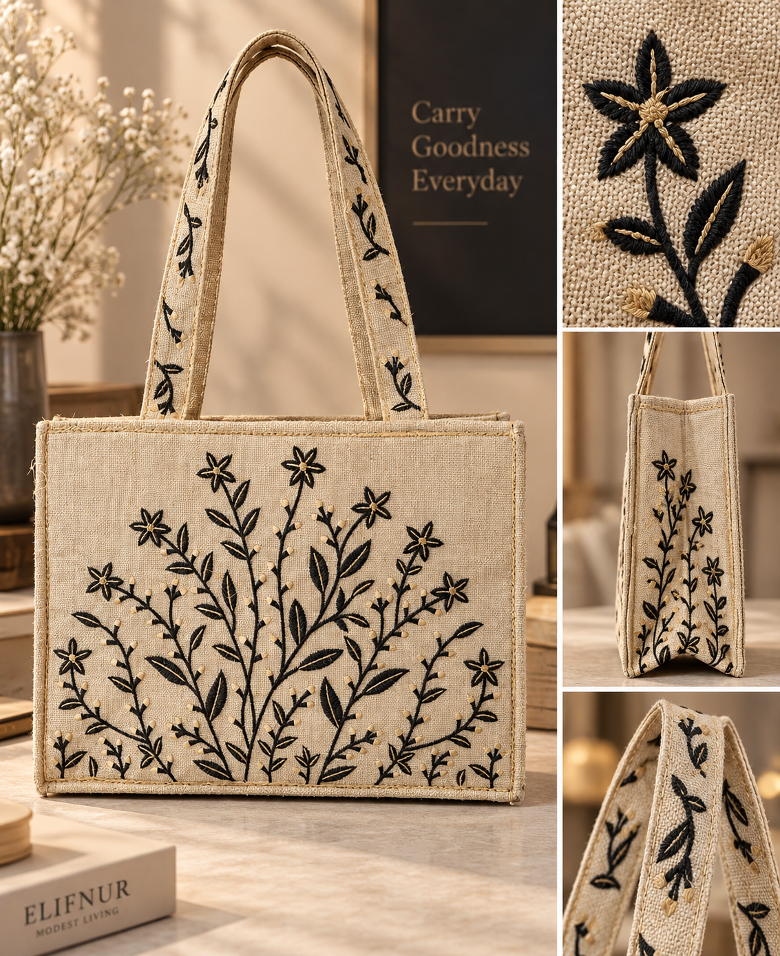 Beige And Black Embroidered Tote Bag