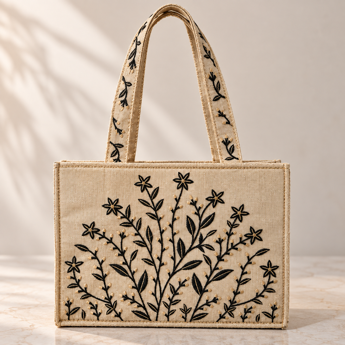 Beige And Black Embroidered Tote Bag