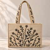 Beige And Black Embroidered Tote Bag