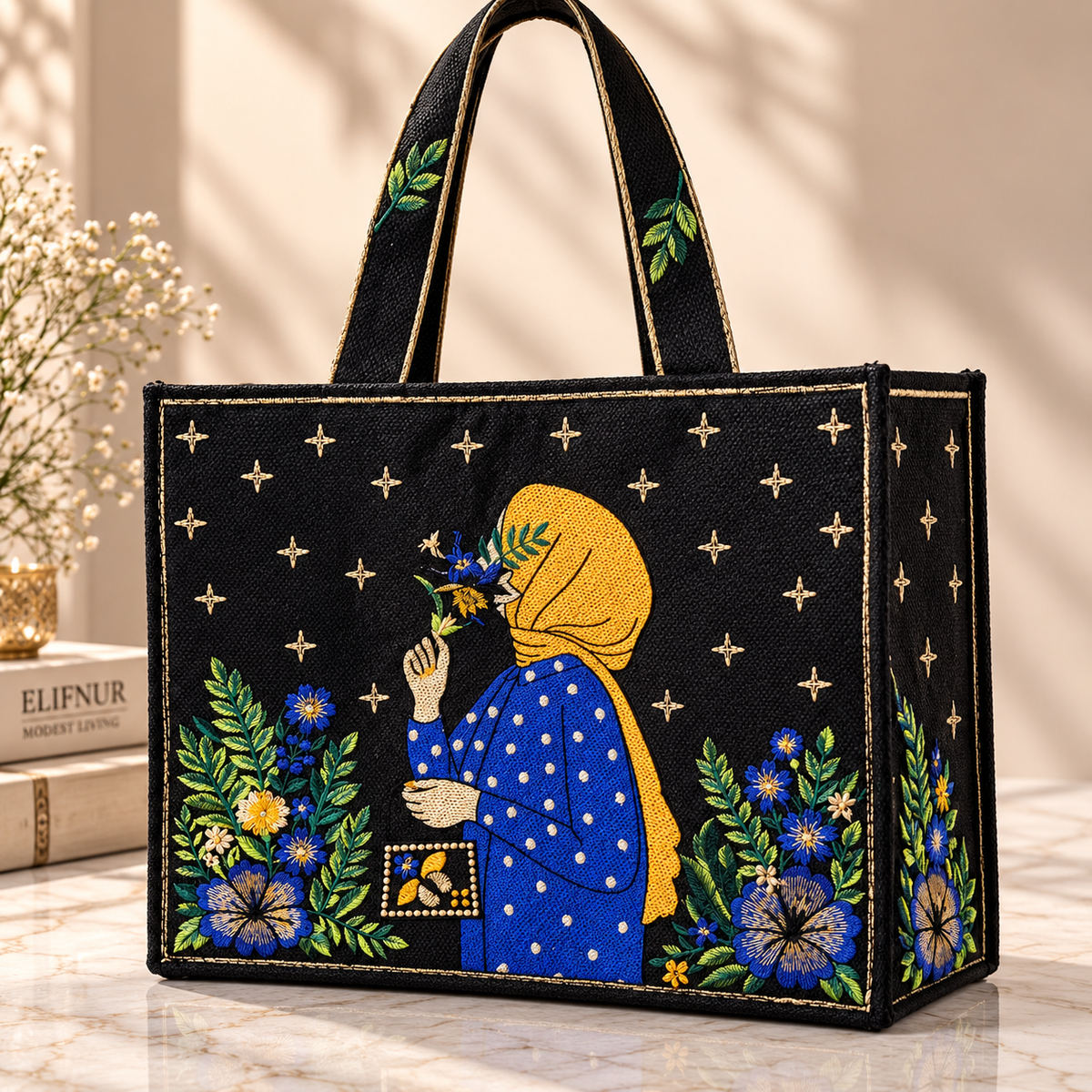 Midnight Bloom Embroidered Tote Bag