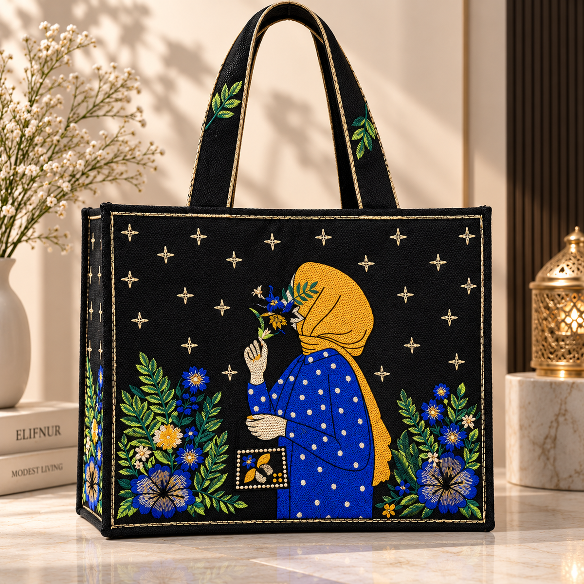 Midnight Bloom Embroidered Tote Bag