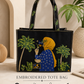 Aqua Blue Aesthetic Embroidered Jute Tote Bag