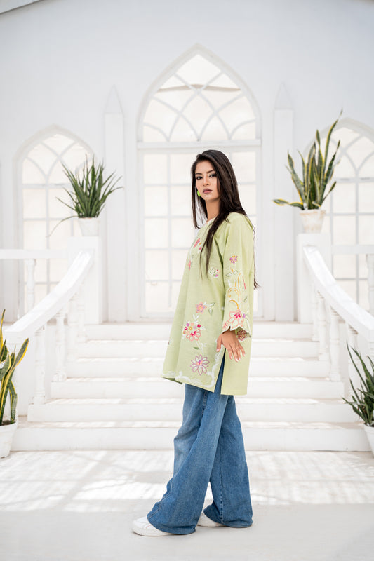 Sage Green Floral Embroidered Short Kurti