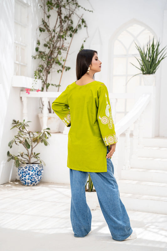 Memona Olive Green Embroidered Short Kurti