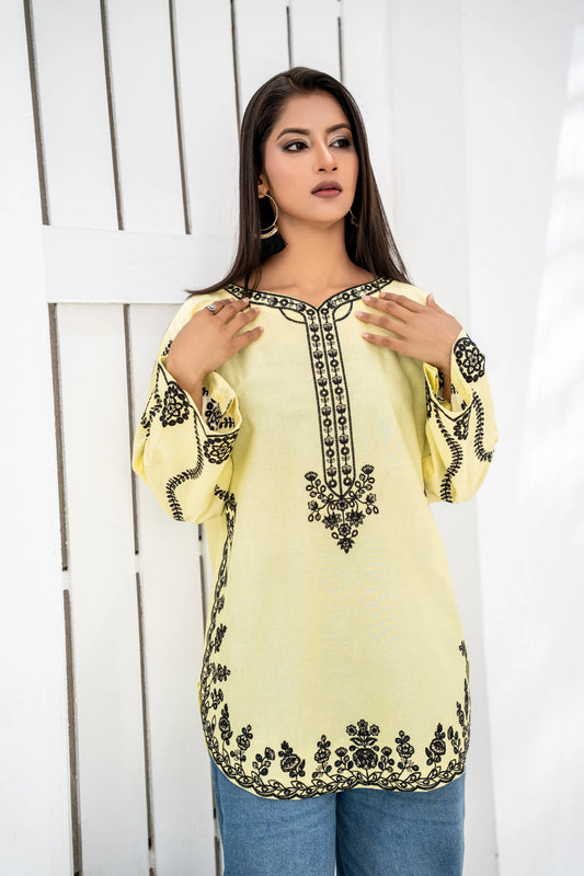 Yellow and Black Embroidered Short Kurti