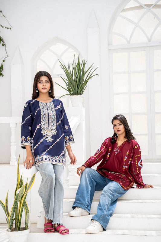 Navy Blue Embroidered Short Kurti